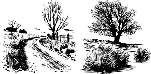 Engraved set of dusty wind and dirt landscape scenes for retro design