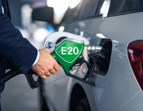 person fueling a car with E20 ethanol-blended petrol at a fuel station from fuel pump 