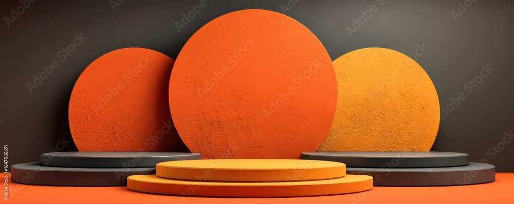Poster minimalist abstract orange background with geometric shapes and circular forms