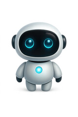 Photo of cute cartoon robot character with glowing blue eyes and a glowing blue chest light, isolated on transparent background