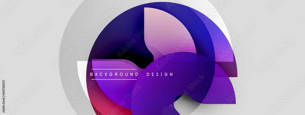 Poster abstract design features overlapping circles, gradients. purple, white hues create modern visual eff
