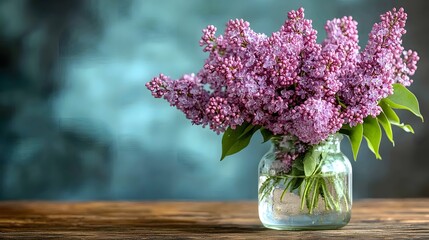 Beautiful lilac flowers arranged in a glass jar on a wooden table against a soft blue background