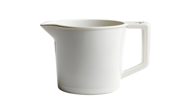 White measuring jug shown in a minimalist style, emphasizing its practical use for precise cooking measurements