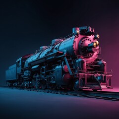 Naklejka premium Steam Train at Twilight: A majestic steam train, bathed in dramatic blue and magenta light, stands poised on the tracks, its powerful silhouette a testament to an era of grand transportation.
