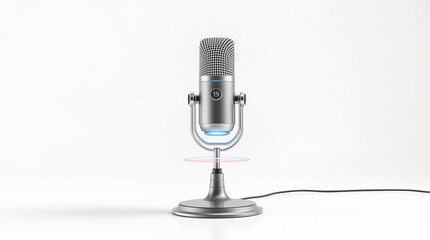 Modern Silver Condenser Microphone with Blue Light on White Background for Professional Audio Recording and Podcasting