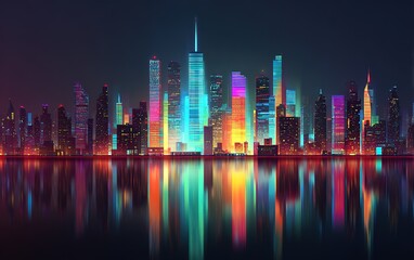 Fototapeta premium A futuristic city skyline at night, illuminated by neon lights and skyscrapers