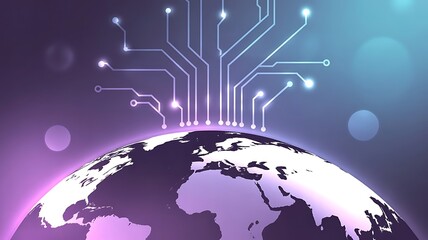 Global Connectivity and Technology Network Connecting the World with Digital Circuits Representing Data Flow and Innovation for a Connected Future in Purple and Blue Tones
