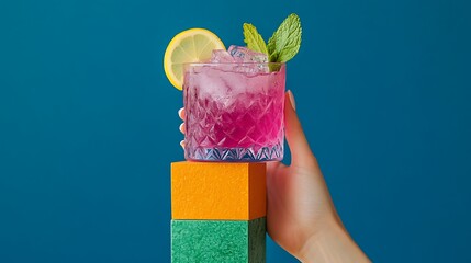 Bright pink cocktail with lemon and mint garnish on blocks.
