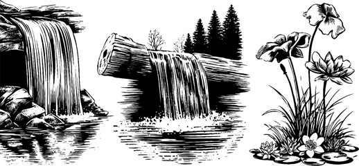 Engraved illustration set of mountain waterfalls and floral silhouettes for nature-inspired design