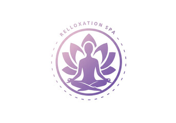 Obraz premium Logo for relloxation spa featuring a person meditating inside a lotus flower in purple shades