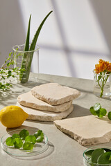 Minimalist product scene with stacked stone tiles, aloe, lemon, fresh greens, and glass beaker. Natural shadow play and clean background evoke a lab-style vegan skincare setup.
