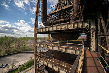Abandoned Heavy Industrial Ruins with Large Blast Furnace in Steelworks