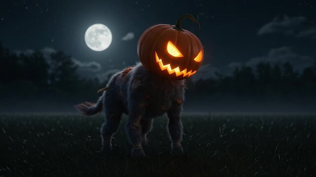 A Sinister Creature with a Jack-o'-Lantern Head Stands in a Moonlit Field, Emanating Eerie Glow Under the Night Sky, Perfect for Spooky Season Themes.
