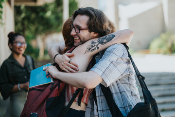 A group of students meet at a school courtyard, exchanging friendly embraces and smiles, showcasing...