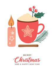 christmas greeting card with tasty hot drink vector illustration