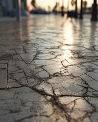 Obraz premium Cracked Marble Texture in Sunlight: Captured from a low angle, the image highlights the intricate cracks and patterns within a weathered marble surface, reflecting the soft glow of sunlight.