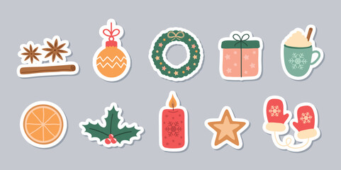 set of cute christmas decoration sticker isolated vector illustration