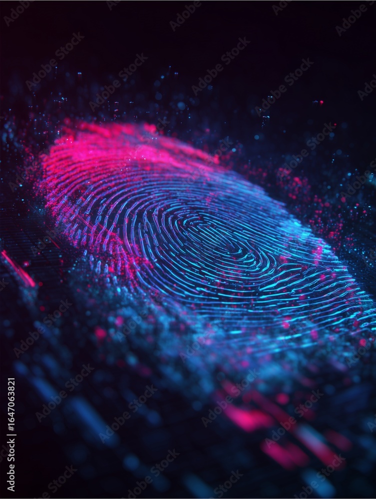 Poster fingerprint identity in vivid color: a close-up view of a fingerprint glows with bright pink and blu