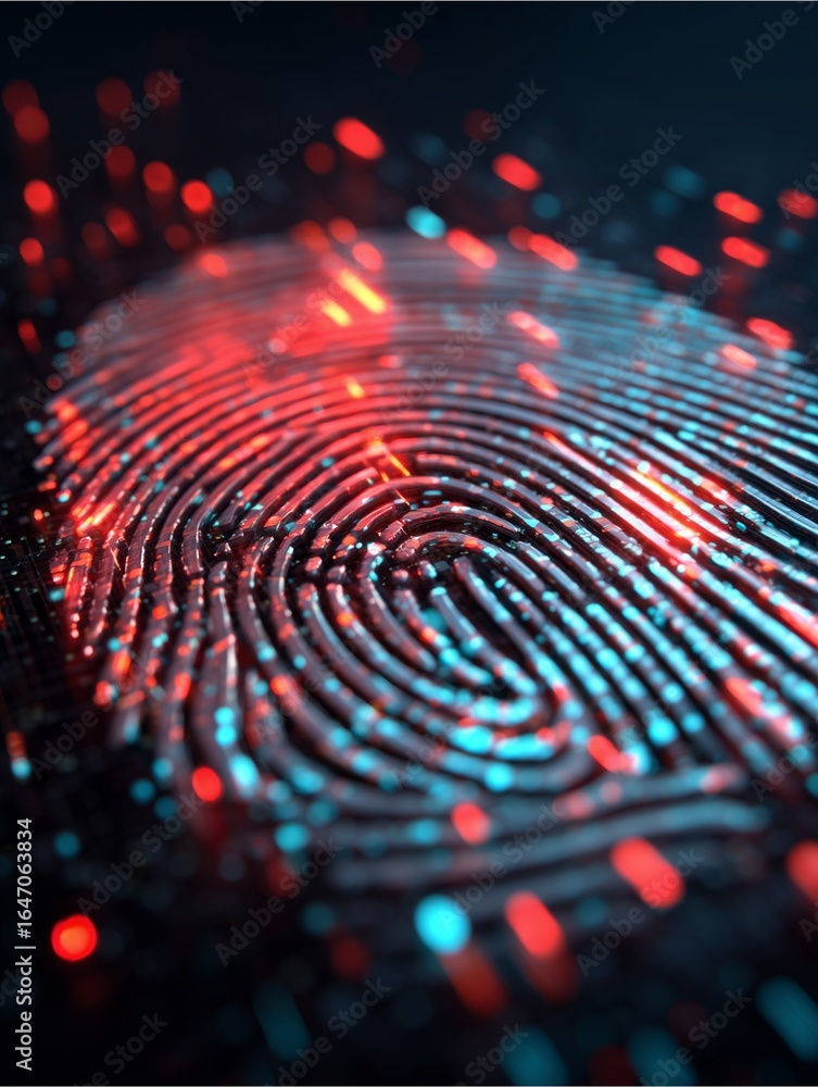 Poster digital fingerprint: a detailed, macro view of a digital fingerprint, awash in an array of vibrant, 