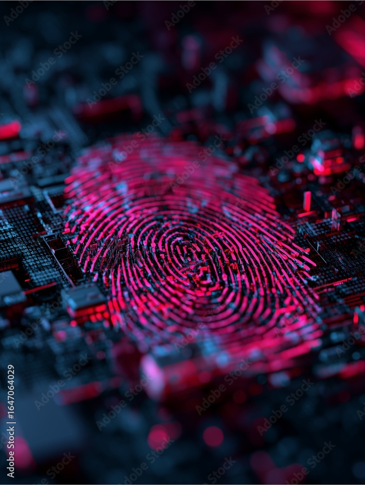 Poster digital fingerprint security: a crimson fingerprint glows vividly atop a circuit board, the intricat