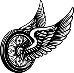 Motorcycle wheel with wings isolated on white background. Design elements for logo, label, emblem,sign. Vector illustration
