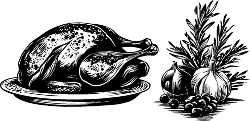 Vintage engraved illustration of roasted turkey with herbs and vegetables for culinary design