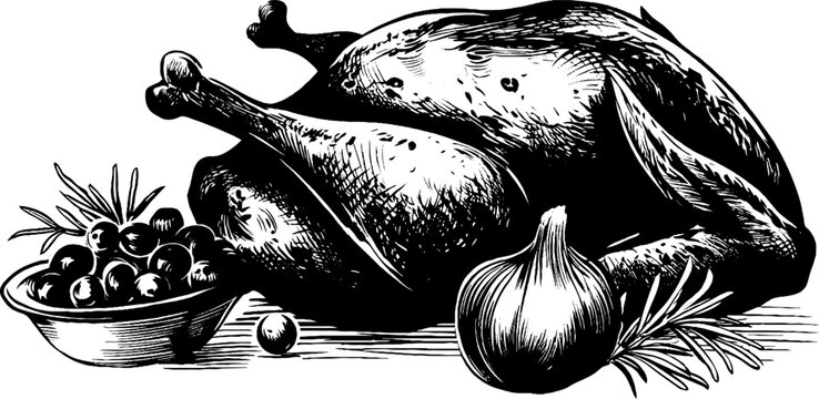 Vintage thanksgiving feast with roasted turkey and vegetables for holiday celebration design