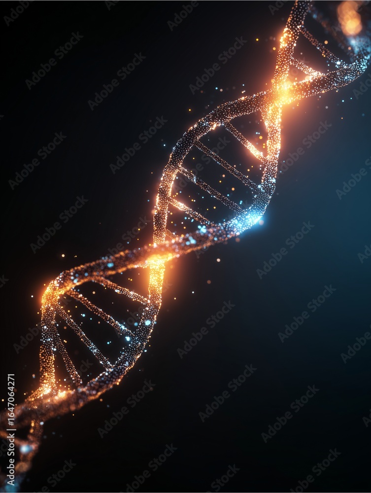 Poster dna structure: a luminous, abstract rendering of a dna double helix, radiating intricate details and