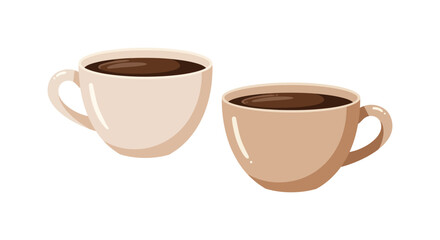 Two Beige Coffee Mugs Filled with Dark Coffee on White Background