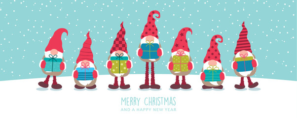 cute dwarf holding gifts and snowy landscape christmas greeting card vector illustration