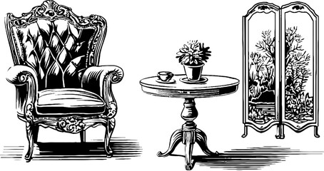 Vintage engraved set of tea table and armchair with decorative screen for interior design