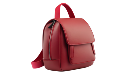 A vibrant red backpack features a sleek design, ideal for students or casual adventurers in a bustling city
