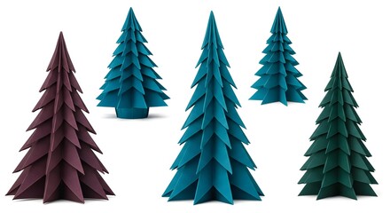 Obraz premium Festive paper Christmas trees in deep teal and burgundy create a modern, minimalist holiday display