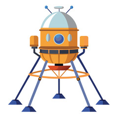 Photo of retrofuturistic orange spacecraft with landing legs, isolated on white background