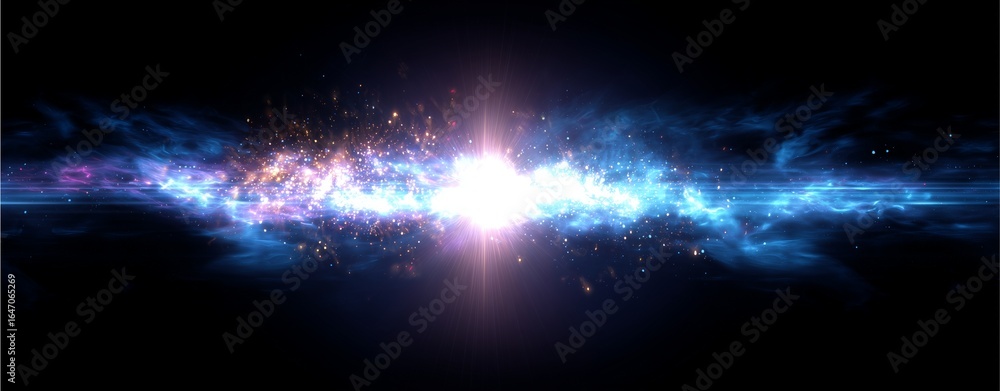 Poster galactic genesis: a radiant burst of light explodes at the center of a swirling, cosmic nebula, its 
