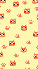 a yellow background with a repeating pattern of cute cartoon cat faces and paw prints.