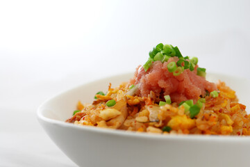 Close-Up of Mentaiko Kimchi Fried Rice Bowl