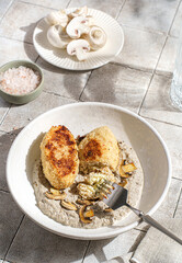 cutlets with mushroom puree and champignons