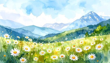 A serene and beautiful watercolor painting of a mountain landscape with a field of white daisies in the foreground, against a backdrop of rolling green hills and snowy peaks