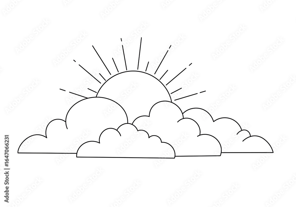 Poster a simple line drawing of the sun with rays shining behind fluffy white clouds below it