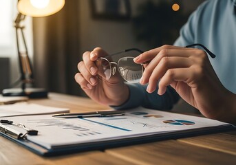 Examining data charts and analyzing the diagrams while holding glasses for clarity
