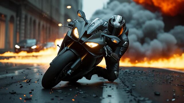 High-speed black sport motorcycle leaning through sharp turn on city street with explosion and smoke in intense cinematic action scene