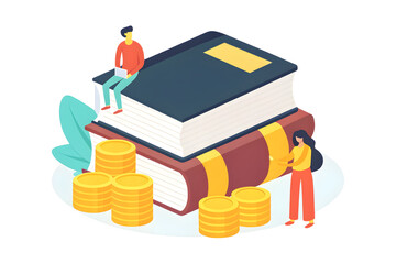 College Savings Strategy Giant books with coins and two people symbolize financial investment in education. Flat design illustration