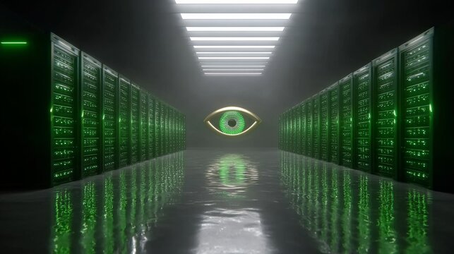 Surveillance action by robotic ai eye in encrypted server room enhances security insights in high-tech environment