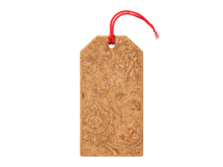 Elegant beige floral gift tag with red string, Isolated On White Background, Png Transparent