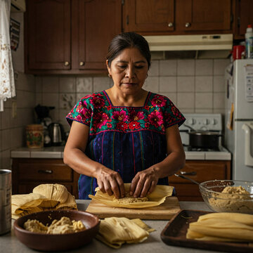 Traditional Mexican woman wearing colorful, embroidered blouse, expertly preparing tamales in rustic kitchen. Authentic process of making this traditional Mexican dish.