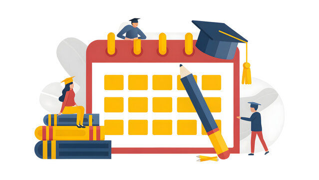 College Savings Strategy Graduation-themed calendar with books, pencil, and students in academic caps. Flat design illustration