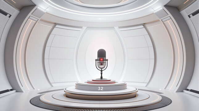 Vintage Microphone on Futuristic Podium in Sleek White Broadcast Studio with Glowing Lights