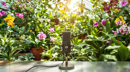 Professional Microphone in Sunlit Greenhouse Amidst Lush Blooming Orchids and Green Botanical Foliage