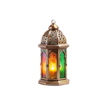 Ornate moroccan lantern with colorful glass panels and intricate metalwork, glowing warmly, isolated on transparent background